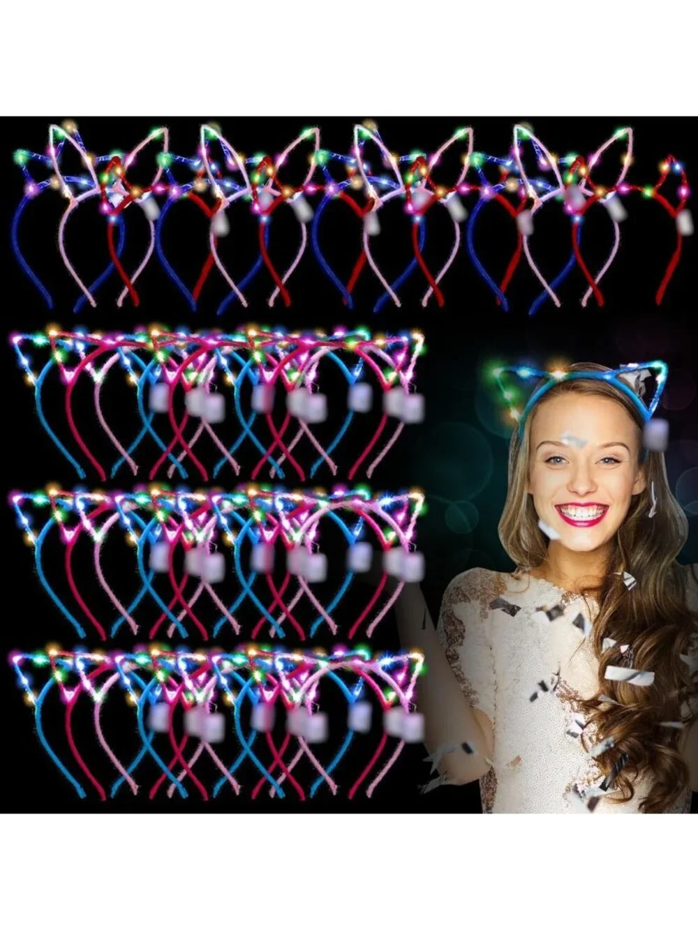 Glow in the Dark LED Light Up Ears Headbands - 64 Pack Party Supplies